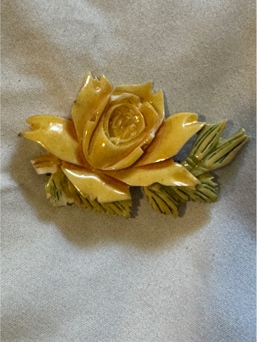 Vintage Mid-Century Yellow Carved Rose Brooch Pin 1960s Retro